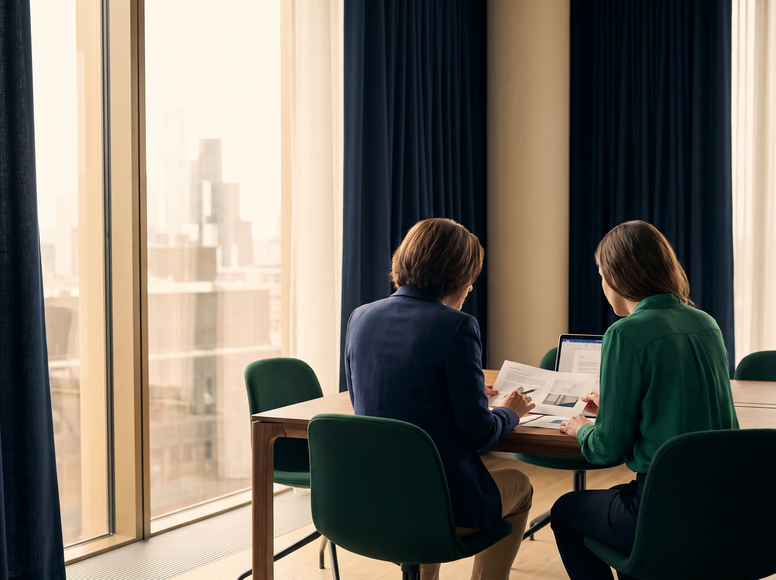 Two professionals reviewing documents during an advisory consultation