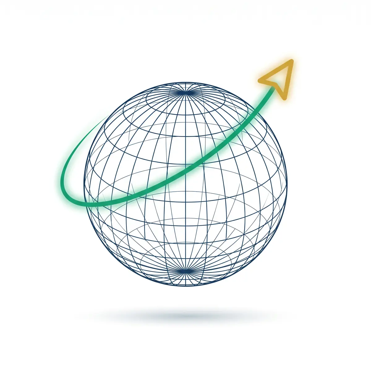 Abstract illustration of a geometric globe with a route line ascending outward, symbolizing global mobility