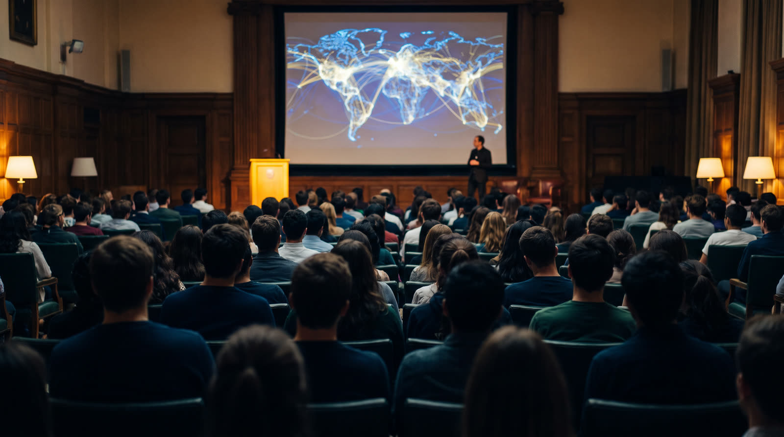 An audience of students and professionals attending an educational seminar