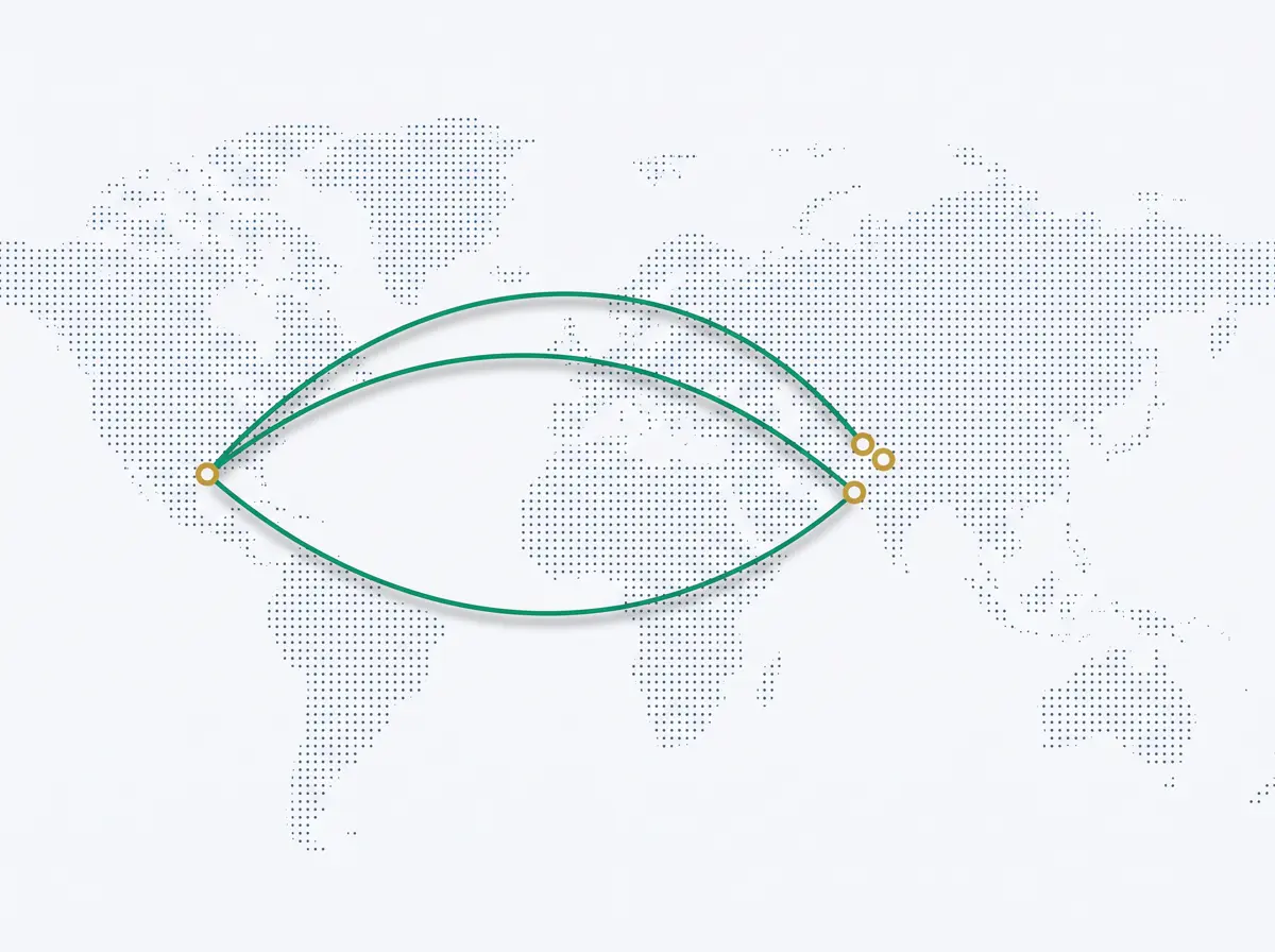 Map illustration showing route lines from Houston to Lahore, Islamabad, and Karachi